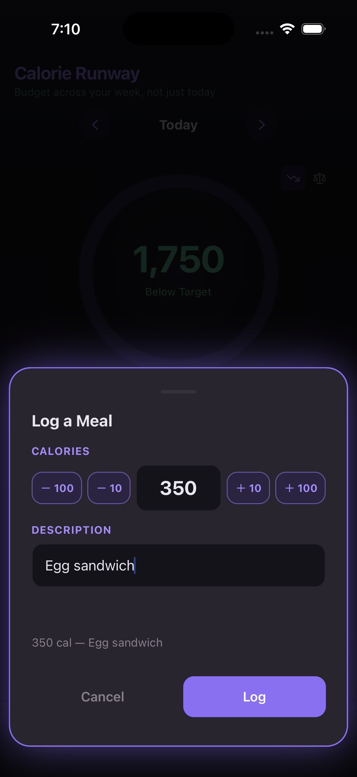 Log a Meal — 350 cal Egg sandwich