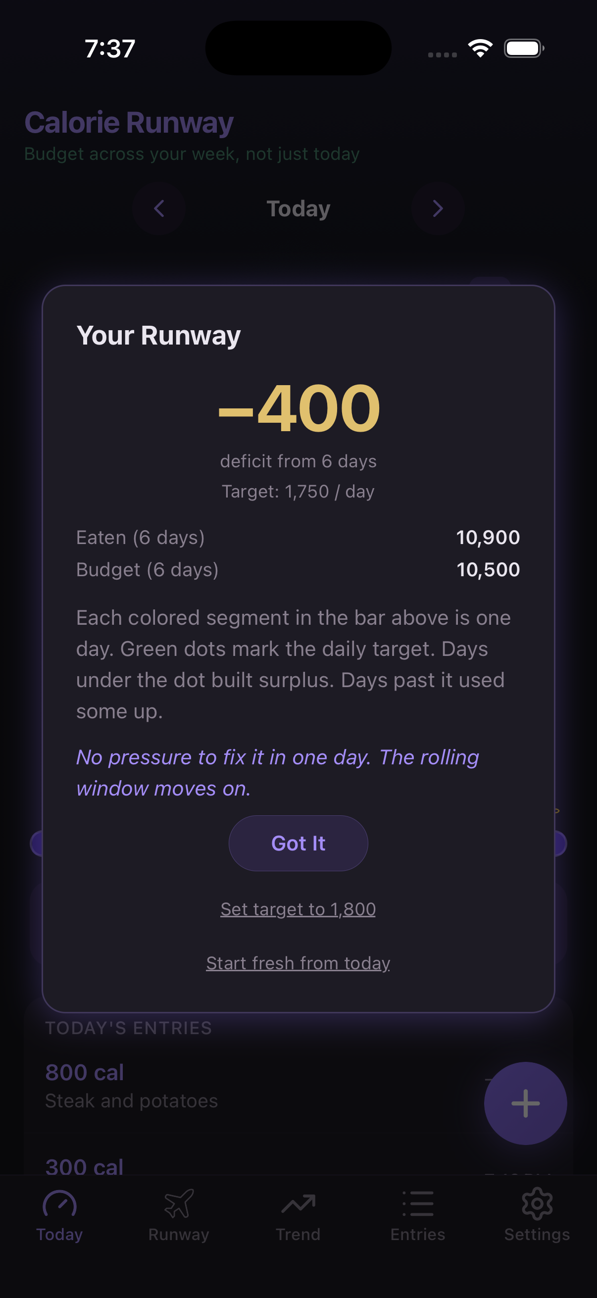 Runway detail: -400 deficit, set target or start fresh