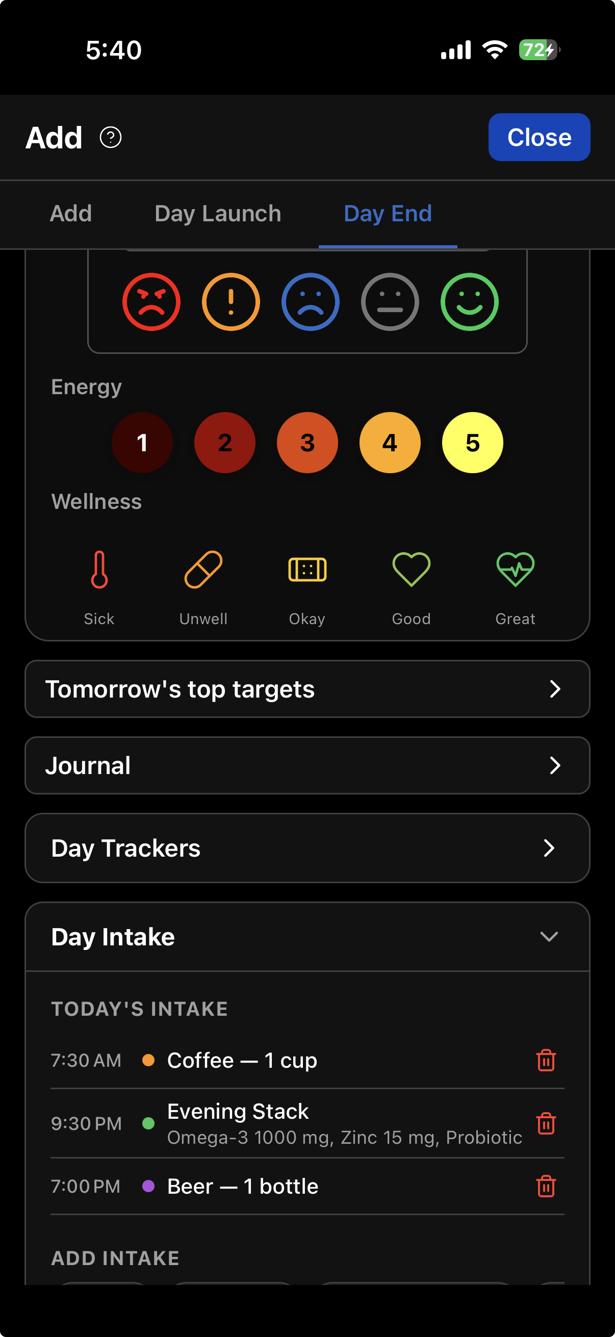 Day End with Day Intake