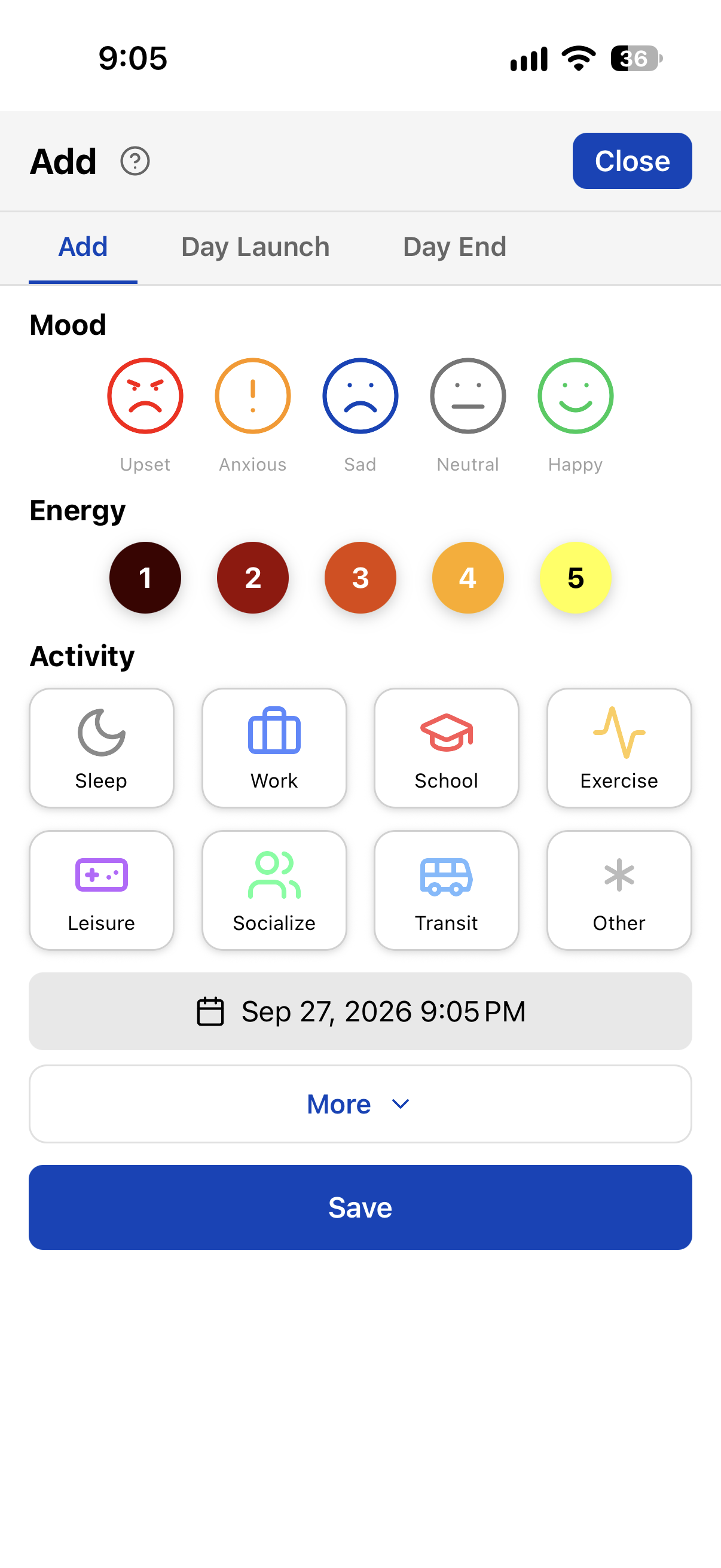 TriLog Add dialog — mood faces, energy circles, activity grid, date picker