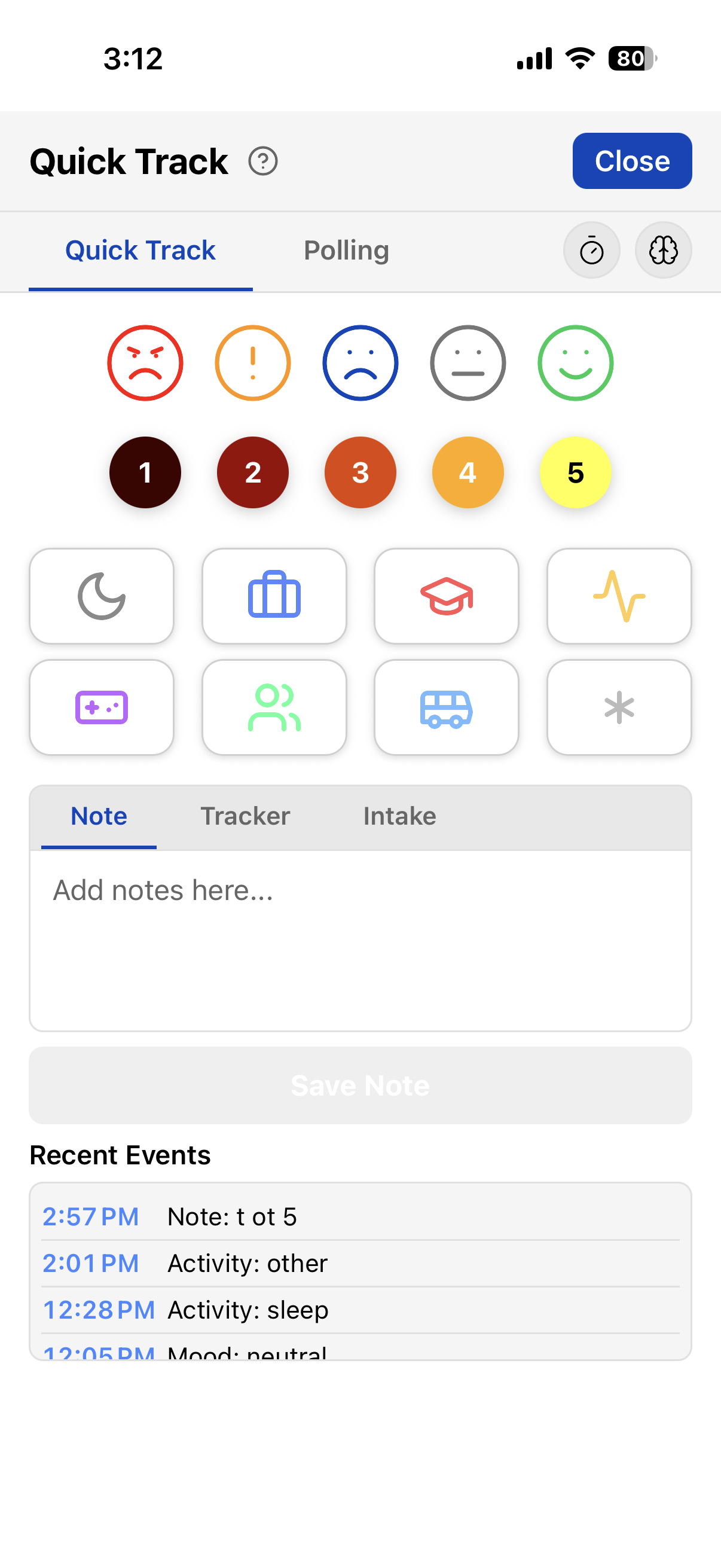 TriLog Quick Track — one-tap mood, energy circles, and activity, with a Recent Events list