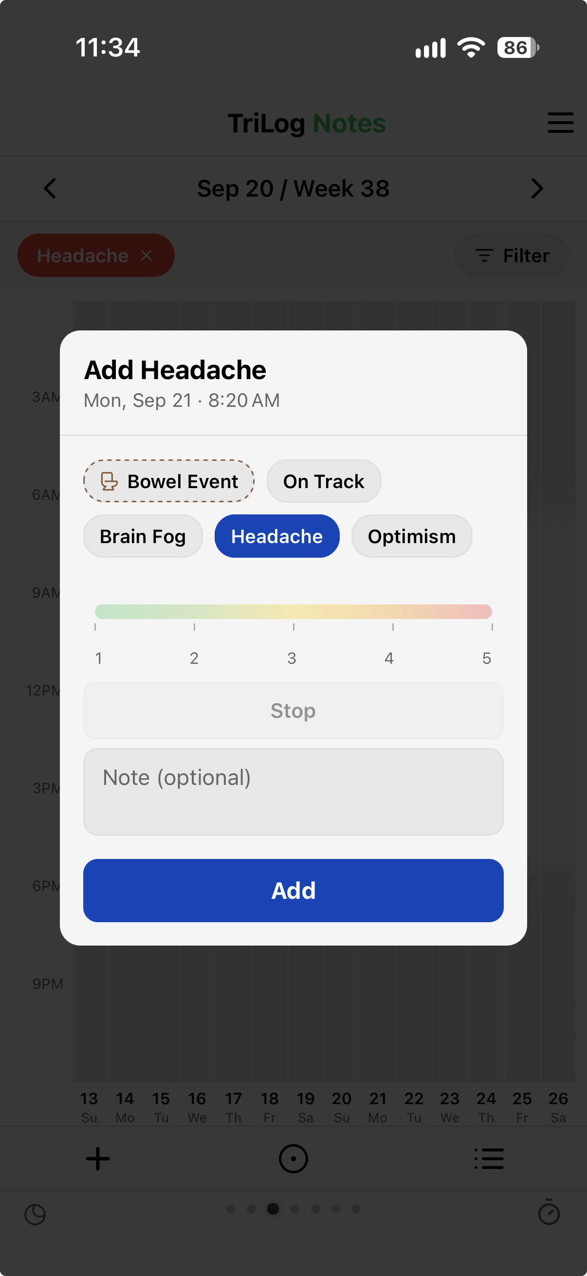 TriLog tracker quick-add from a long-press on the Notes chart — the tracker preselected, its slider, and the time it will be logged at