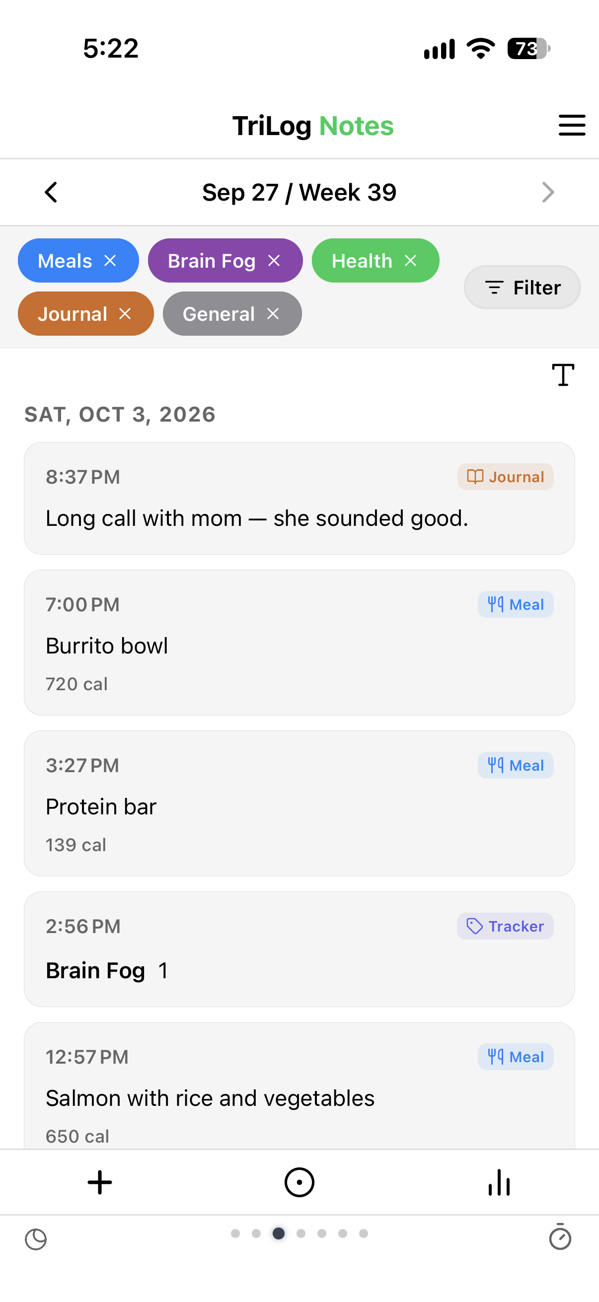 TriLog Notes view — list of the week's notes grouped by day