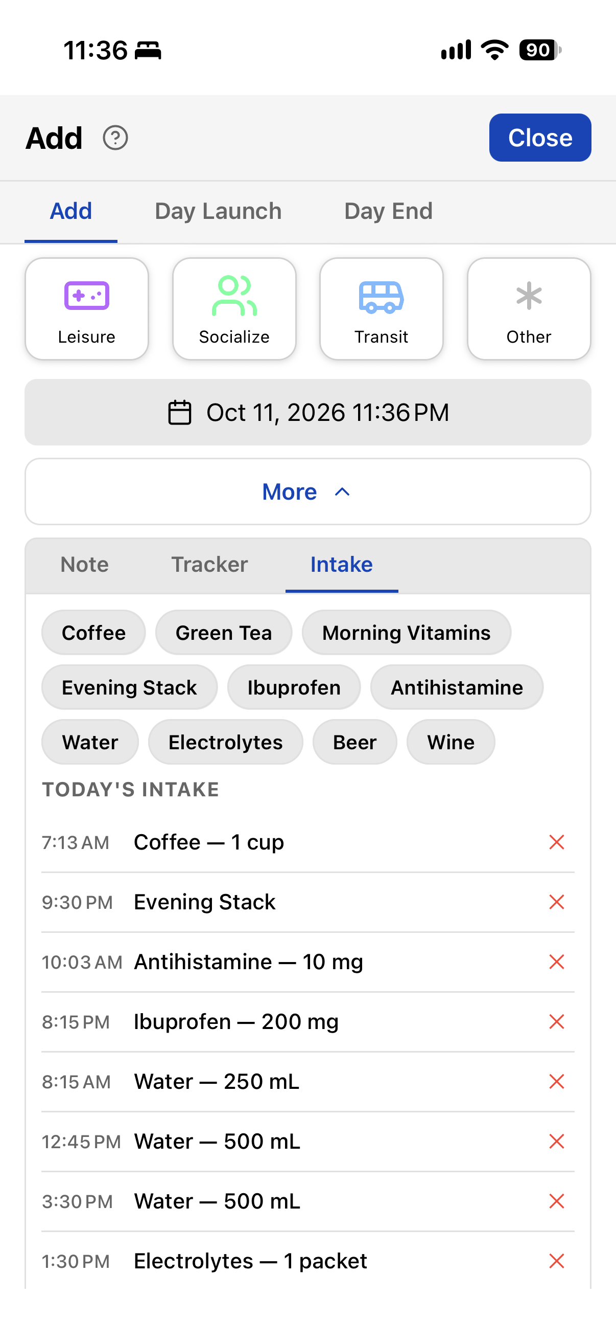 TriLog Add dialog — Intake tab with item buttons (coffee, vitamins, ibuprofen, antihistamine) and today's intake list