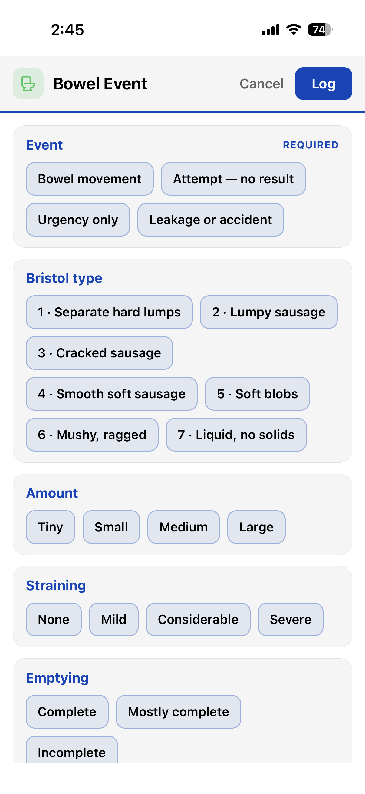 TriLog form entry — Bowel Event with fields partly filled in