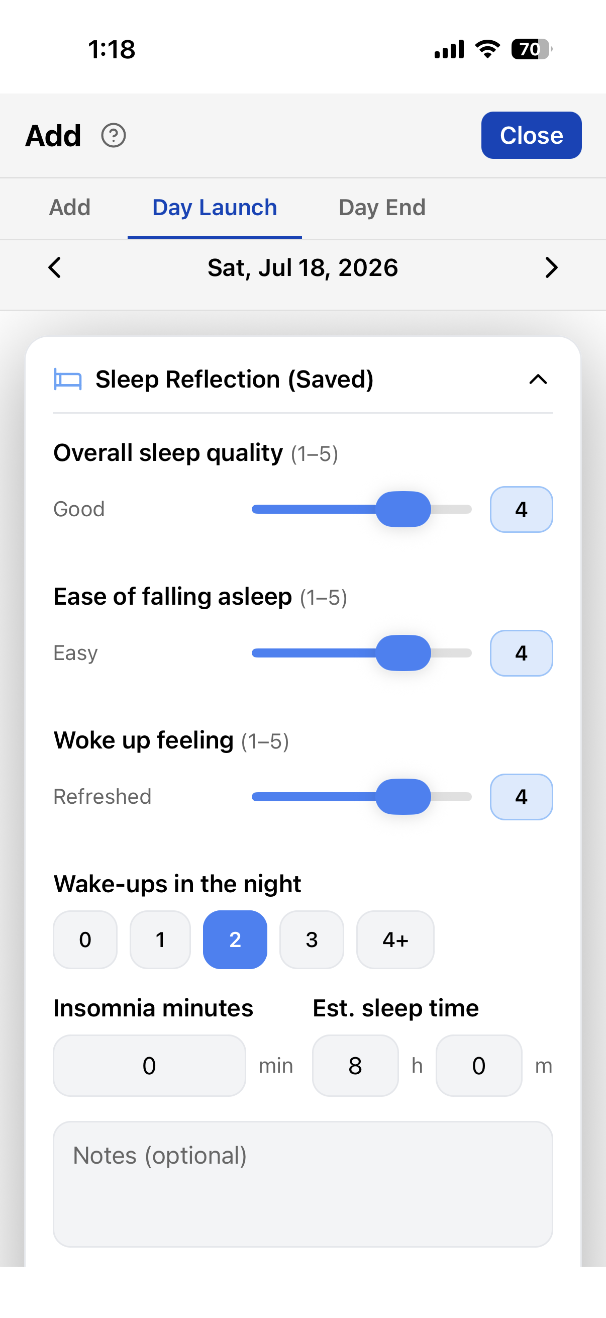 TriLog Day Launch — sleep reflection: quality, ease of falling asleep, woke up feeling, wake-ups, insomnia minutes, and estimated sleep time