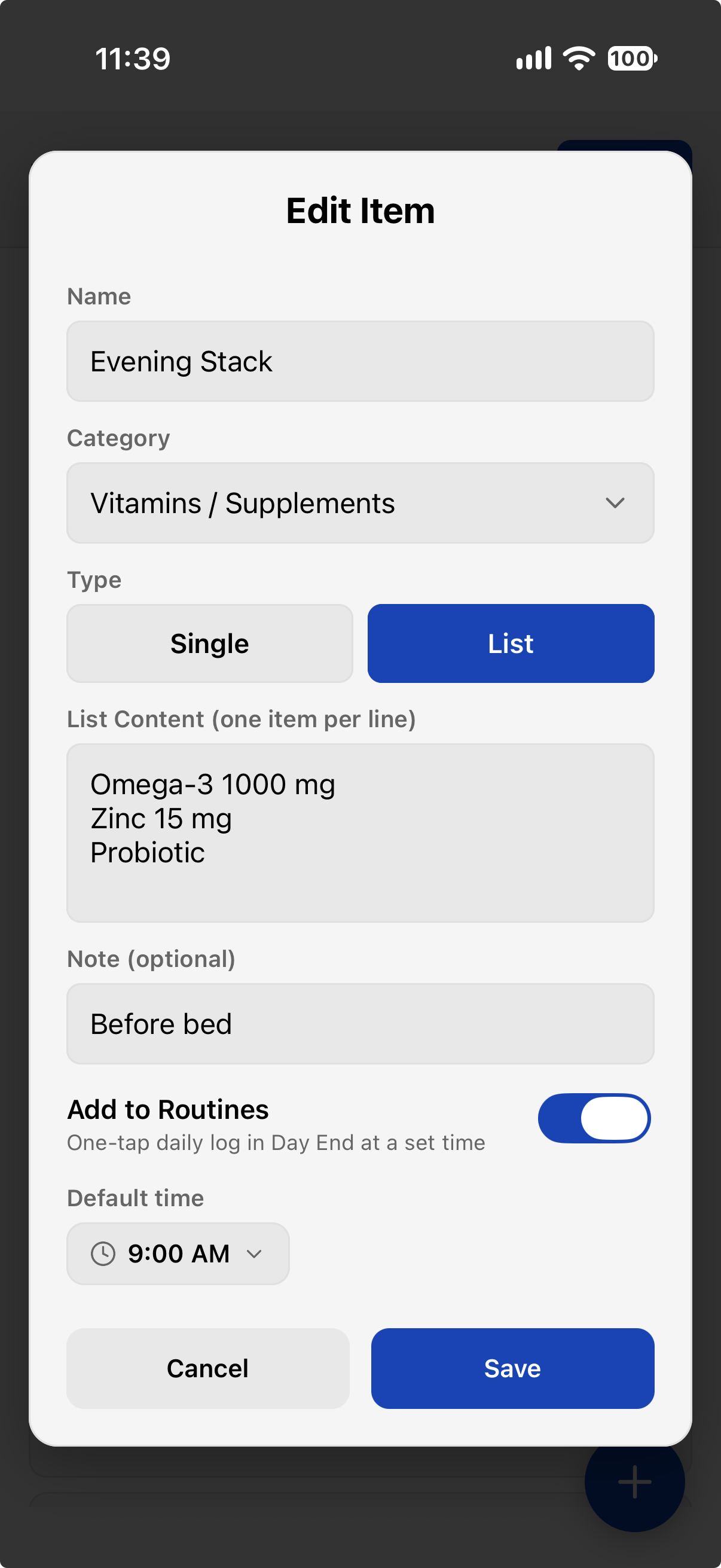 TriLog Edit Item — a list item with name, category, list content, note, the Add to Routines switch, and a default time
