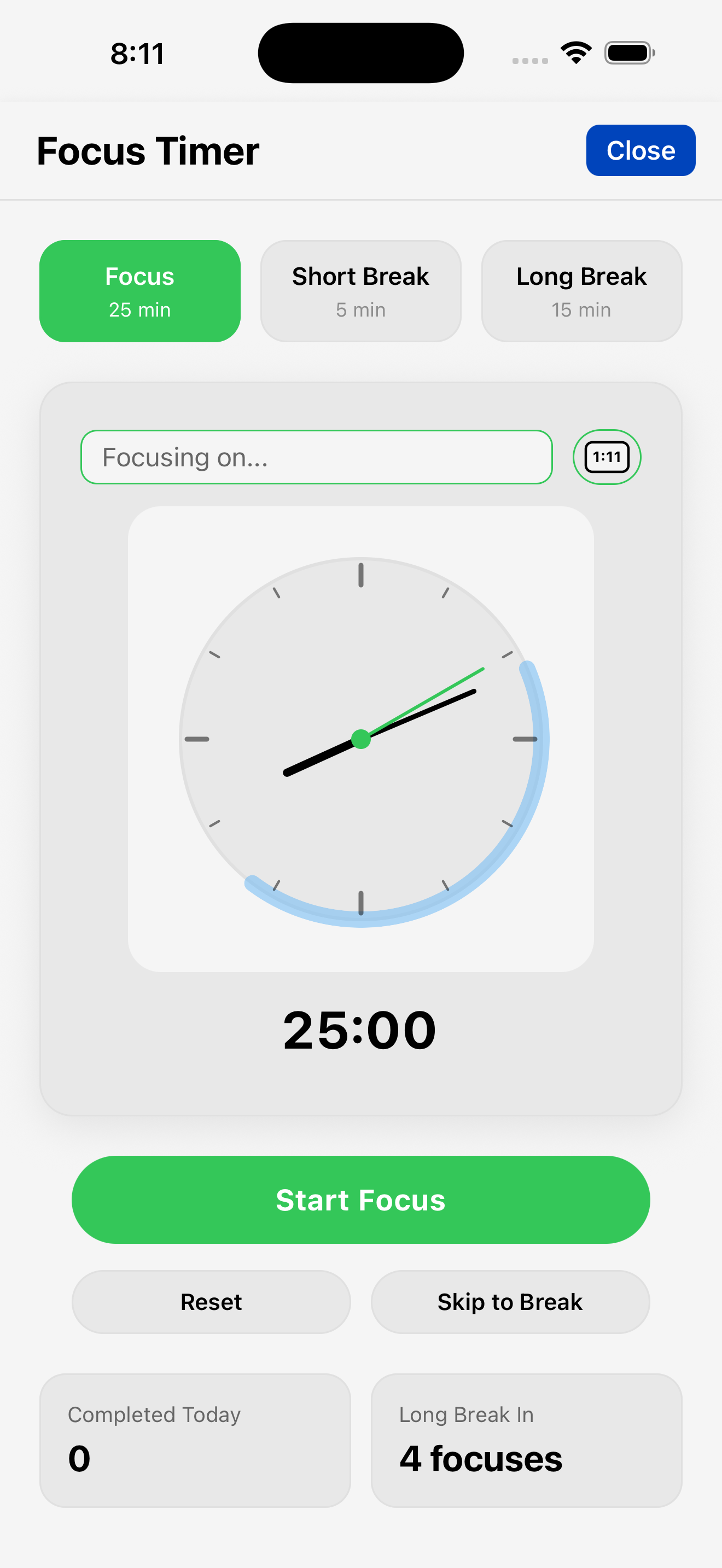 TriLog focus timer — a 25-minute Pomodoro timer with session count