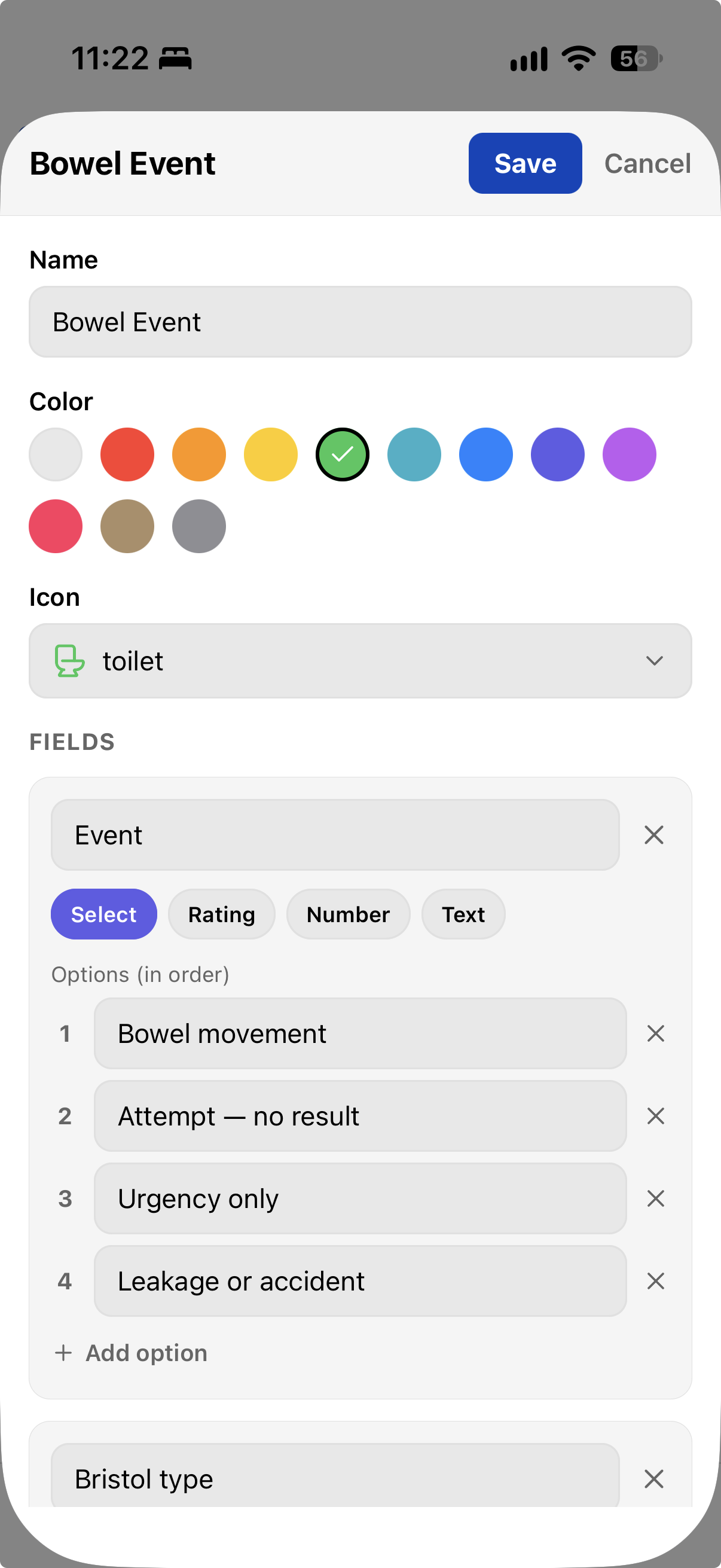 TriLog form builder — editing the Bowel Event form: name, color, icon, and its fields