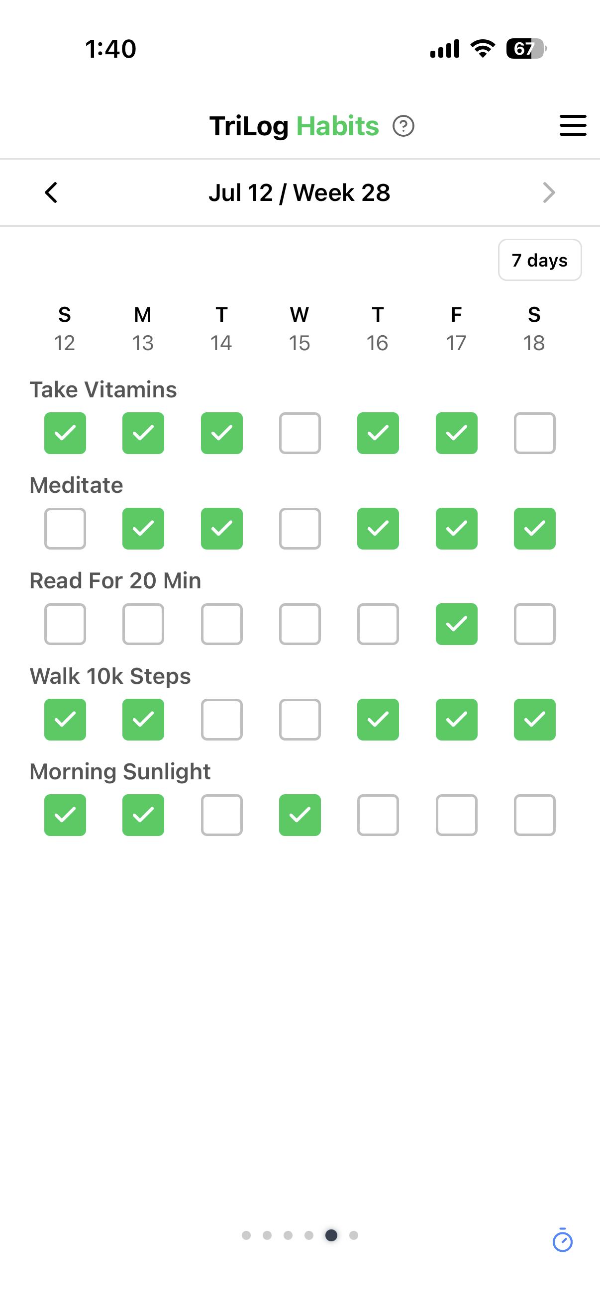 TriLog habits grid — habits as rows, a checkmark for each day completed