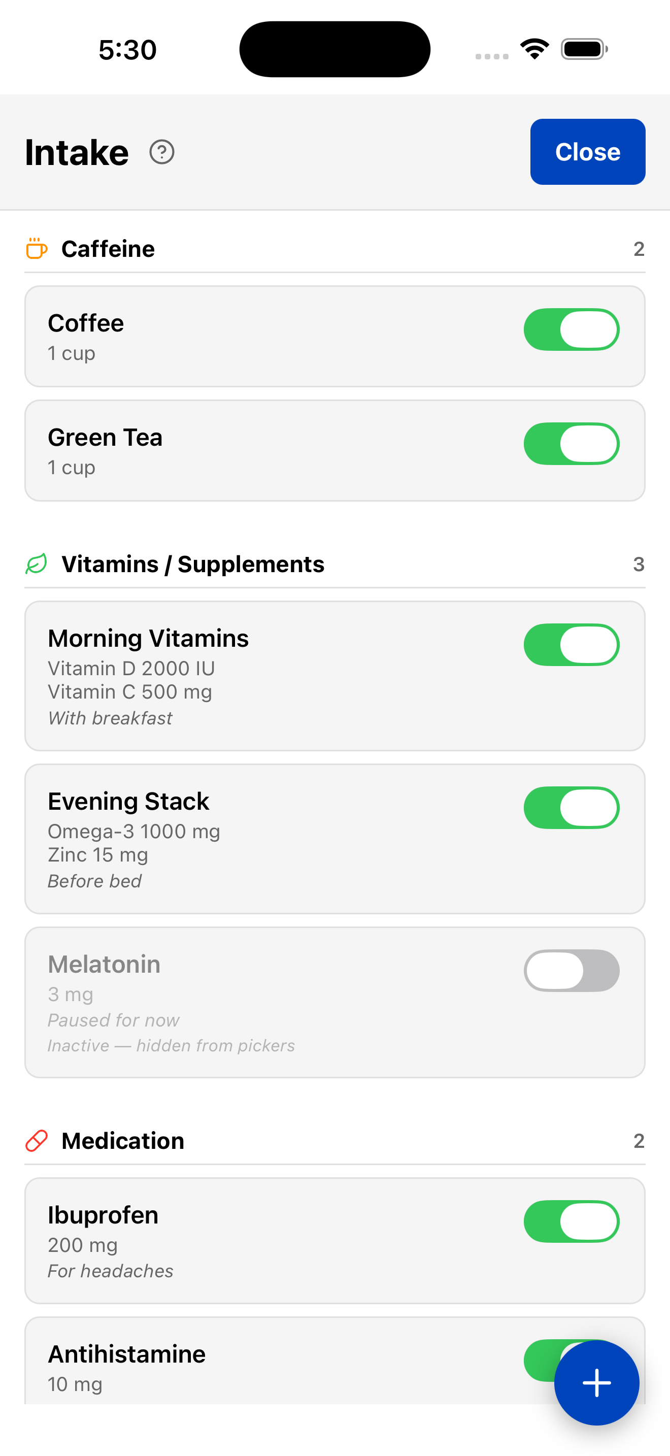 TriLog intake library — items grouped by category, each with an on/off switch