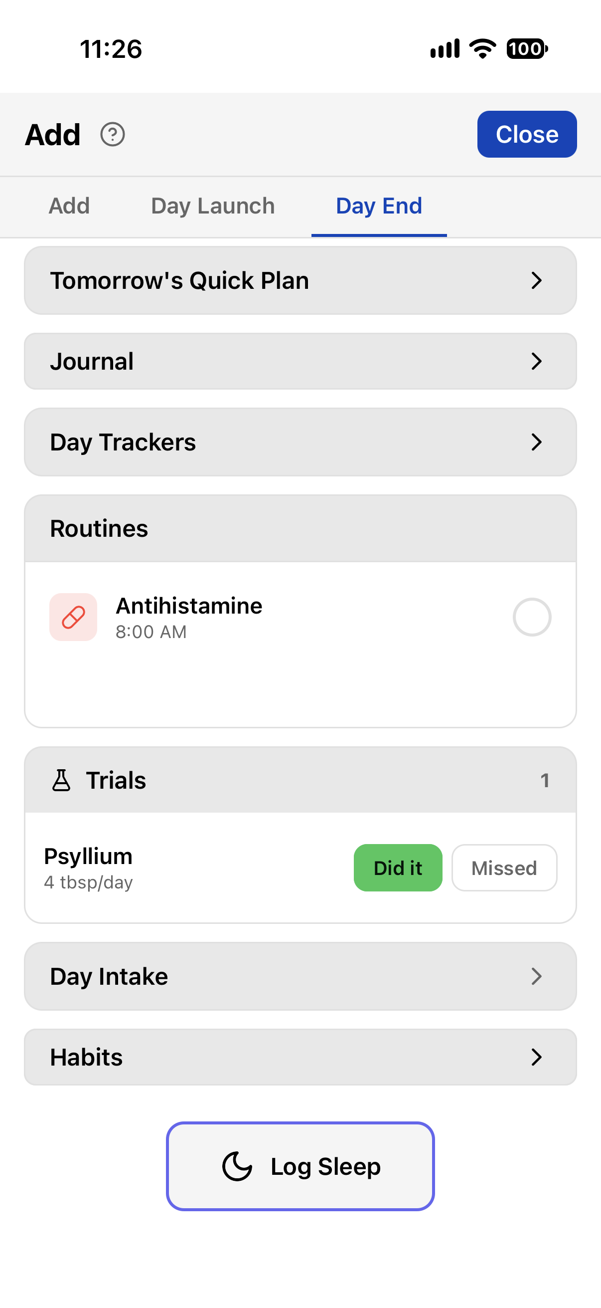 TriLog Day End — Routines card with Antihistamine at 8:00 AM, ready to check off