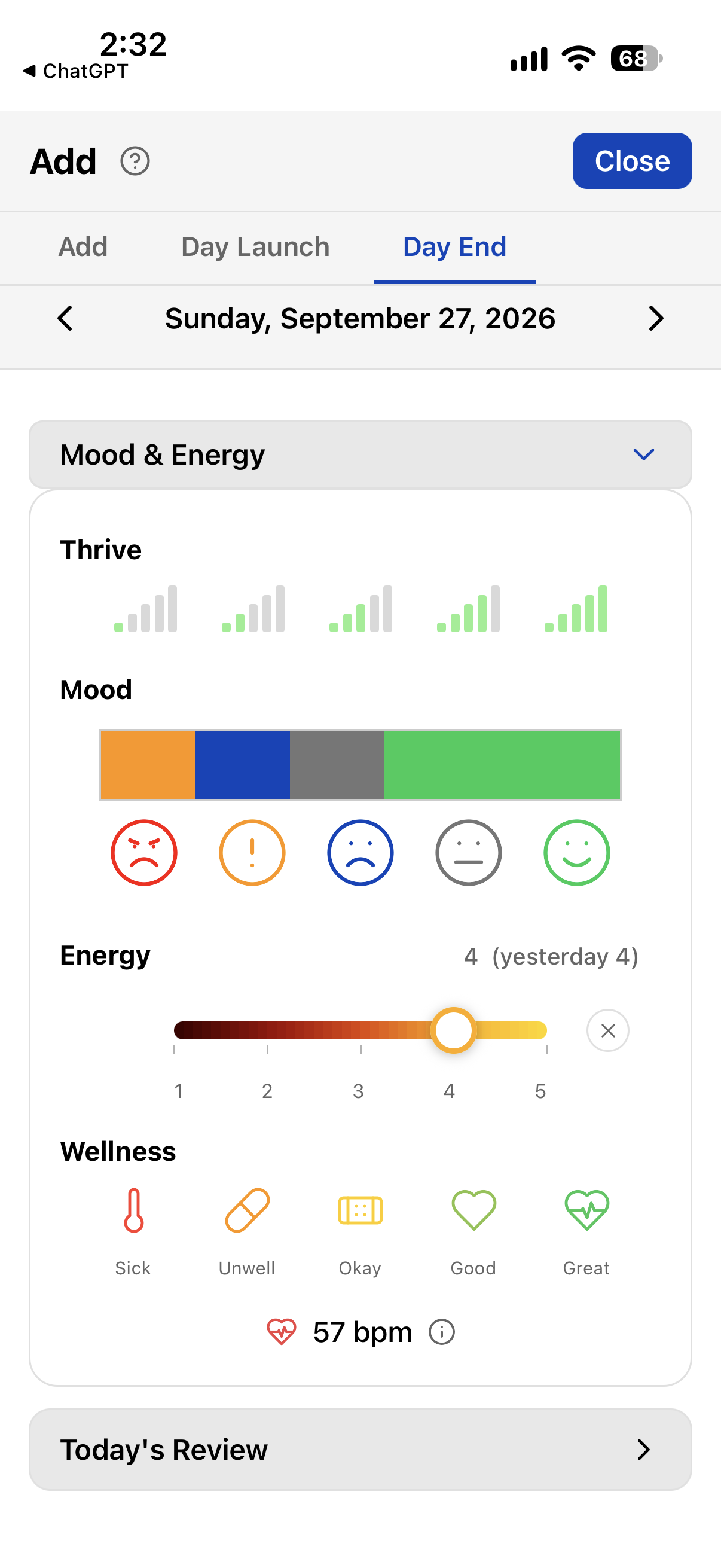 TriLog Day End — Thrive bars, the day-mood proportion bar, the decimal energy slider with yesterday's value, and the wellness row