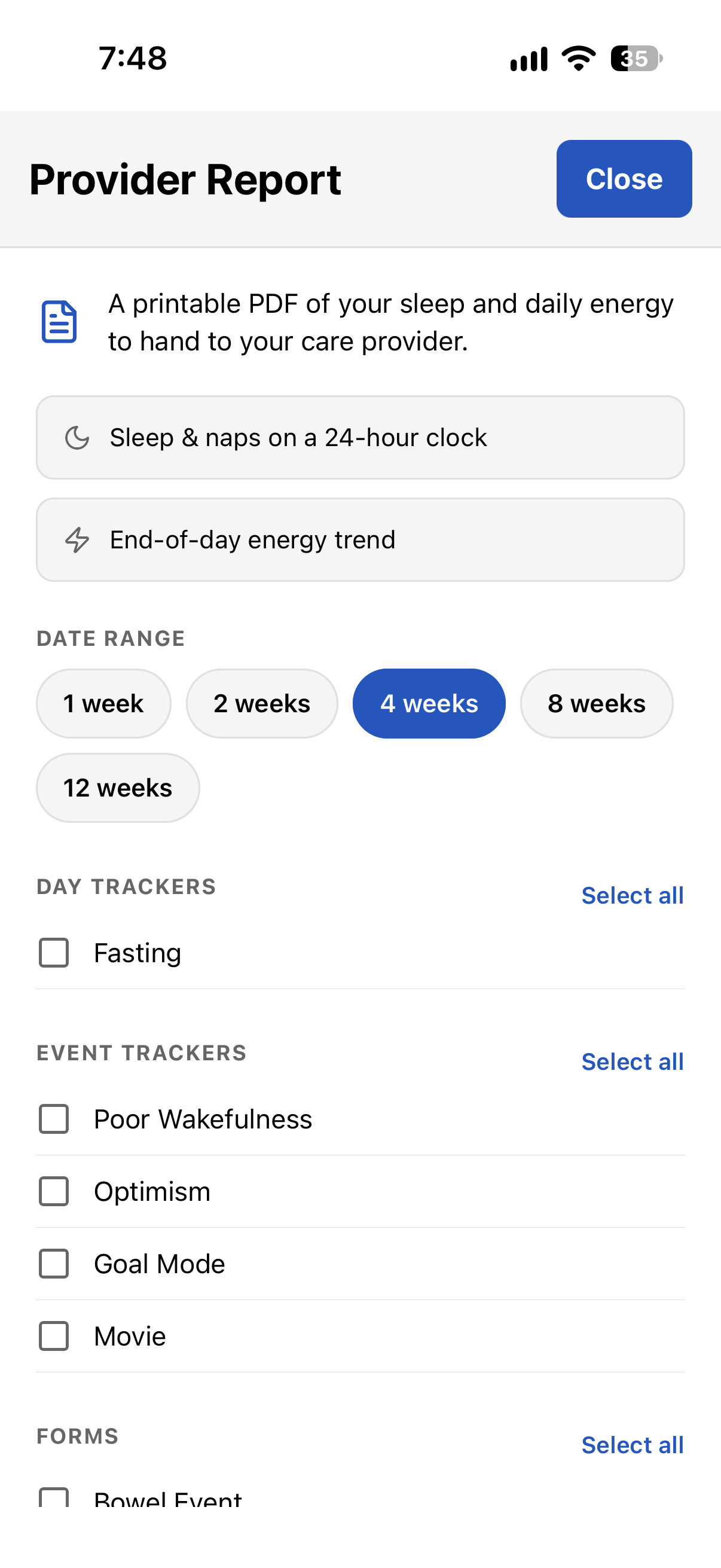 Provider Report setup — pick a range, trackers, and forms for a printable PDF