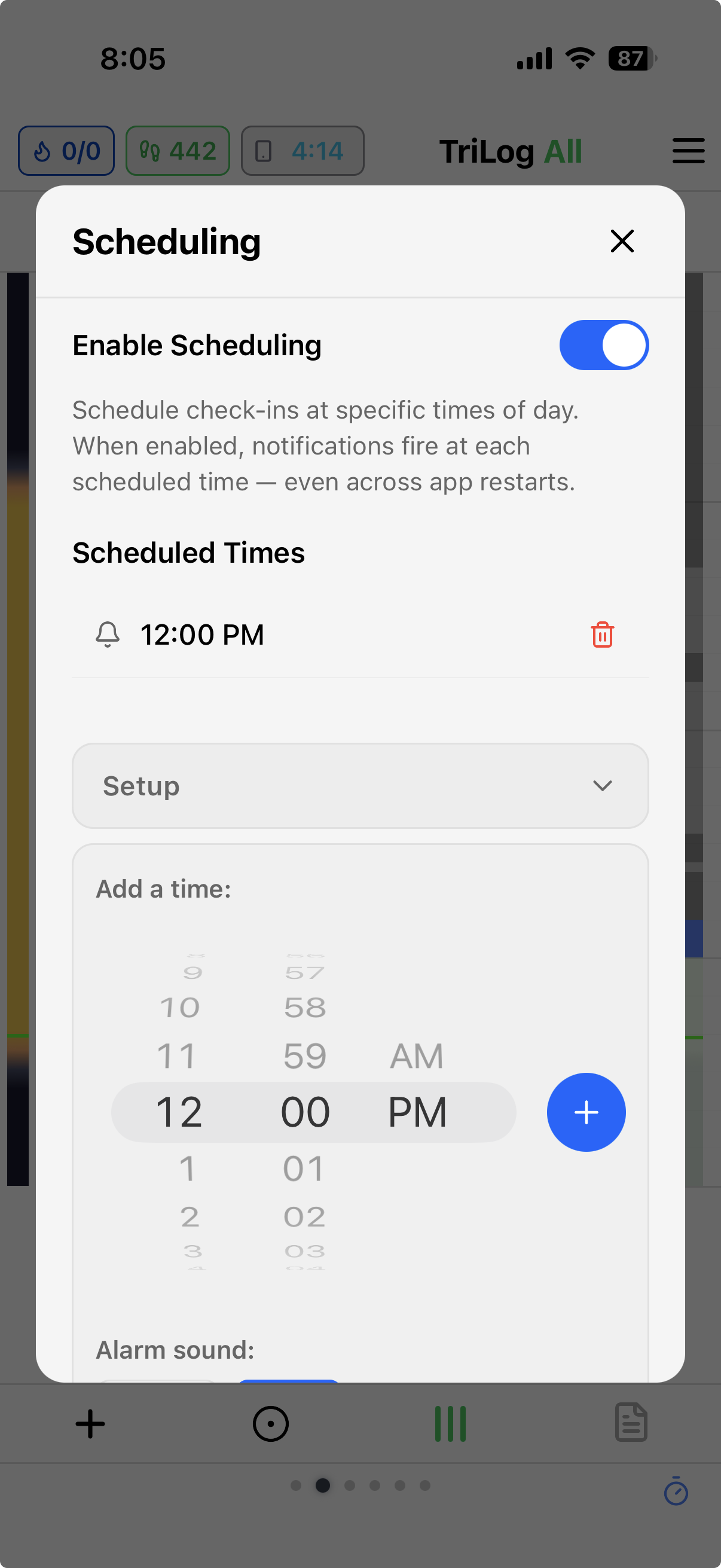 TriLog scheduling — check-in notifications at scheduled times of day
