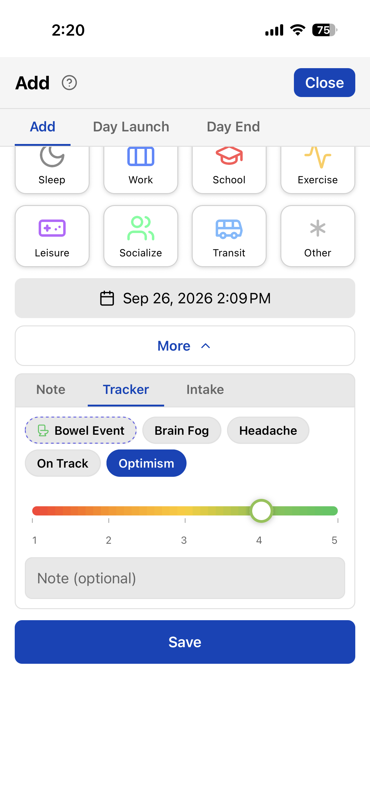TriLog Add dialog, Tracker tab — tracker chips with Optimism selected and its 1–5 slider below