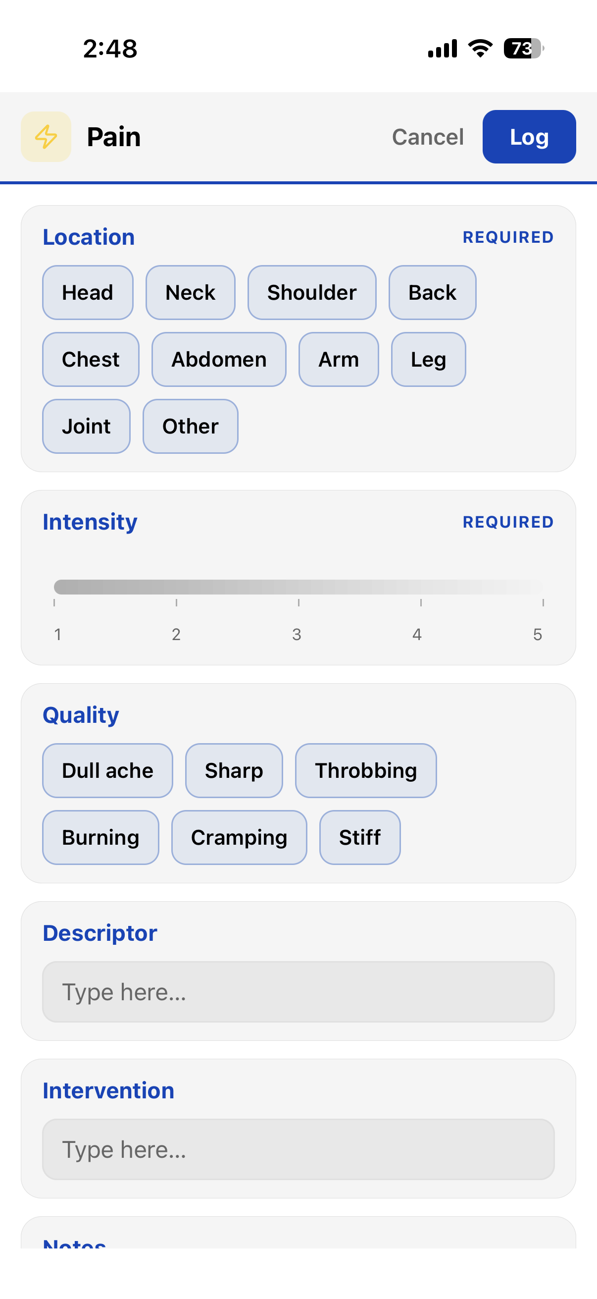 TriLog Trackers tab — Pain form chip among tracker buttons