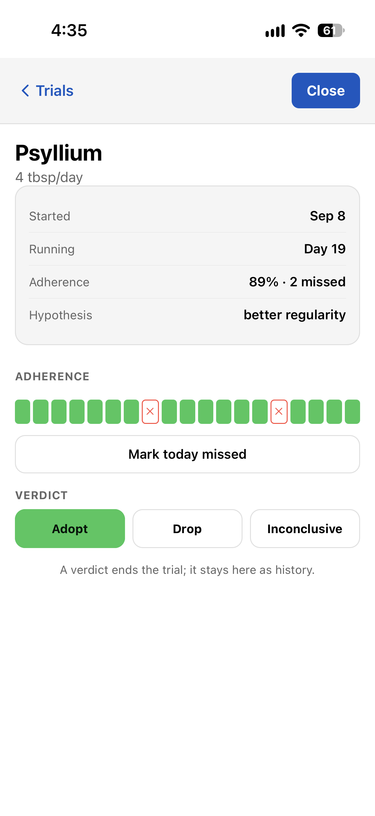 TriLog trial detail — running day count, adherence strip, mark missed, and verdict buttons