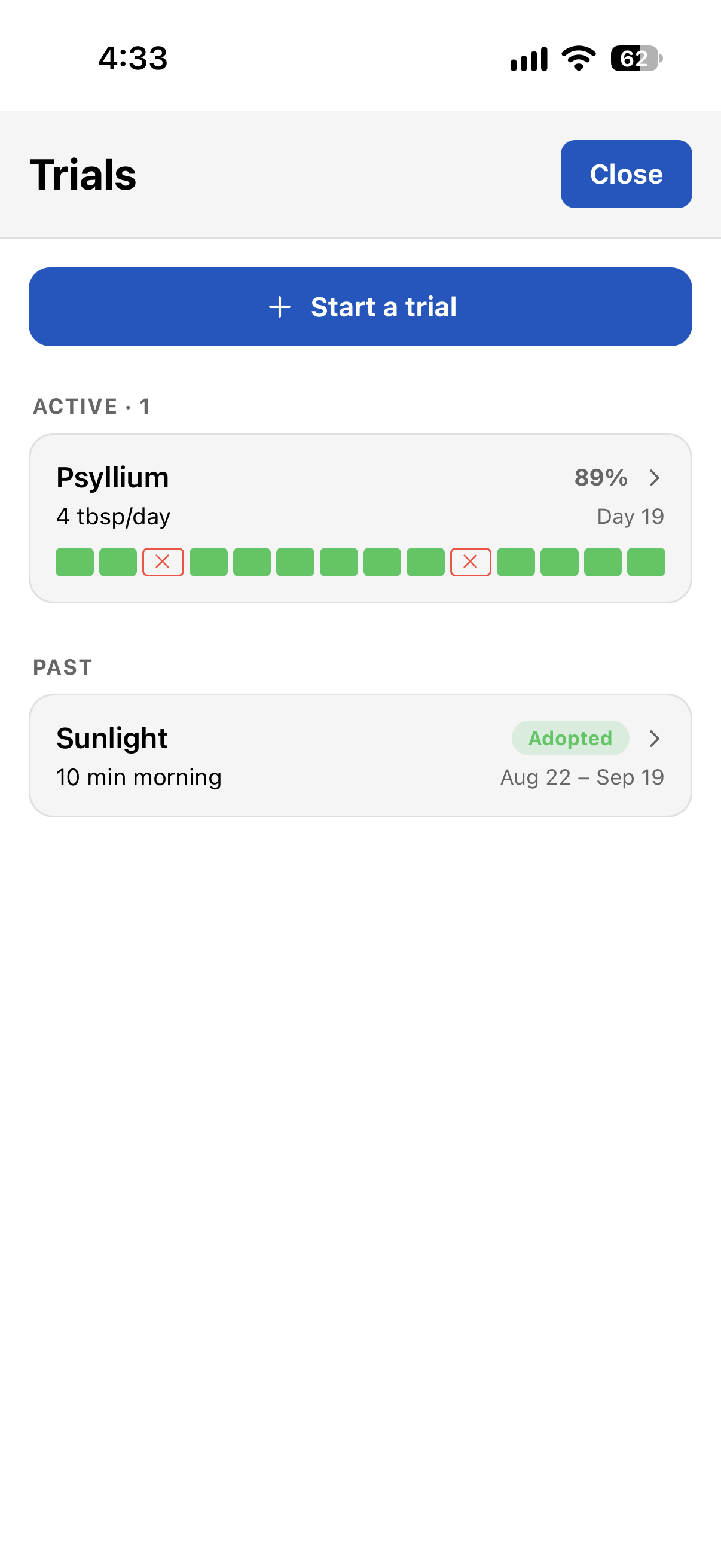 TriLog Trials — Active and Past trials with adherence strips and verdict badges