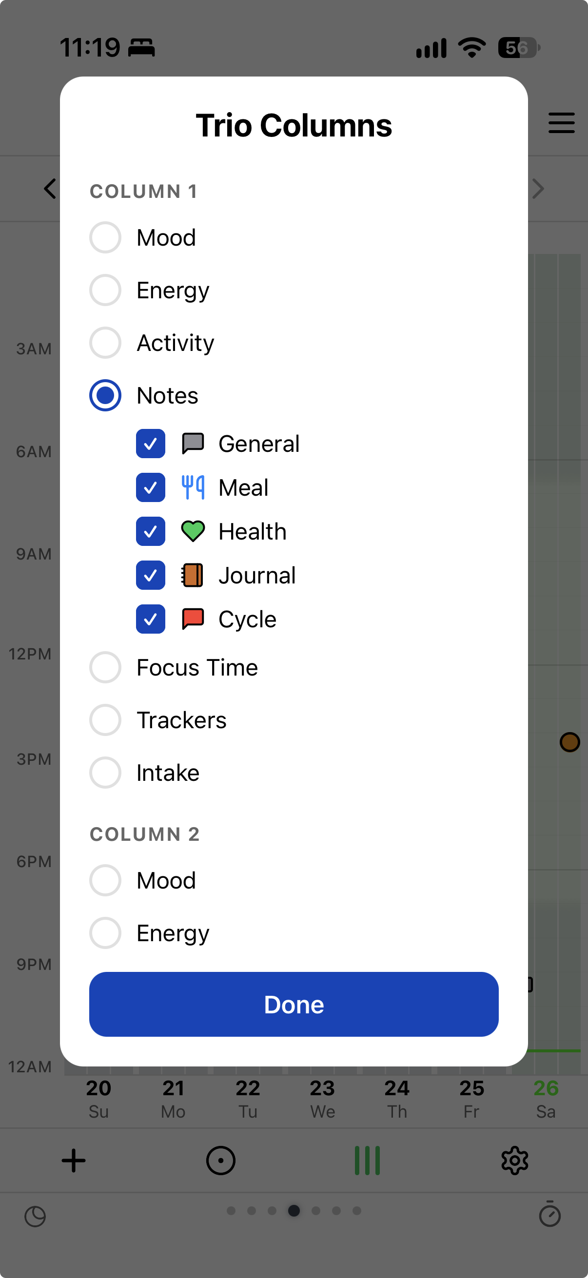 TriLog Trio Columns sheet — choosing the source for each of the three columns