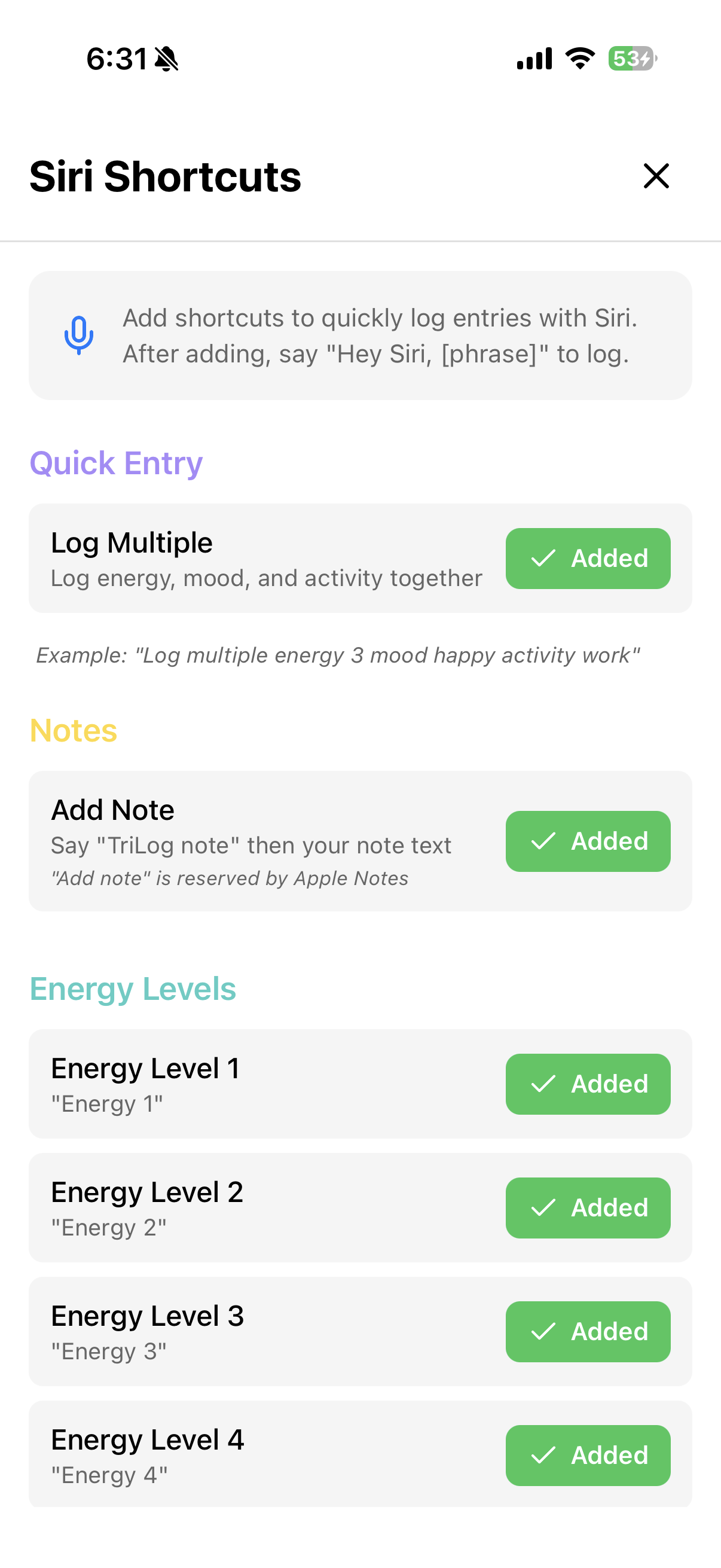 TriLog Siri Shortcuts Dialog